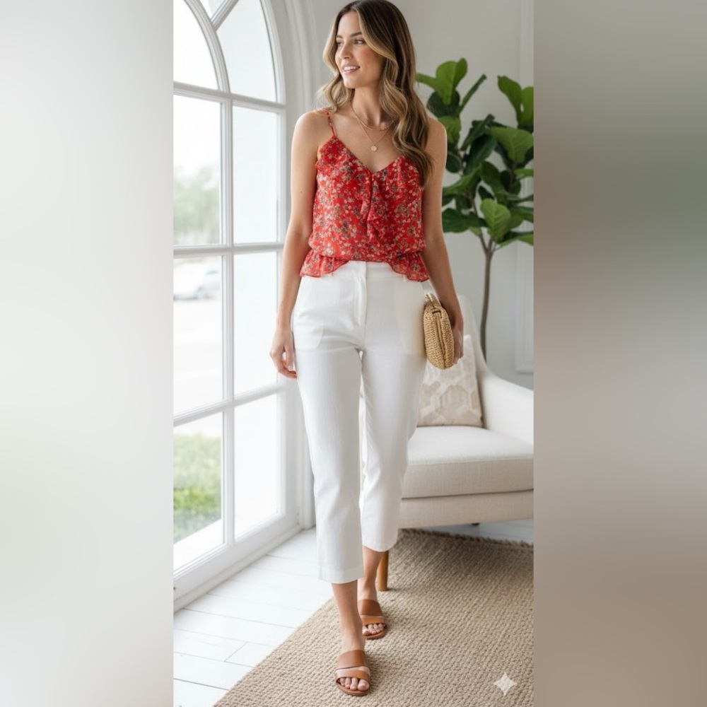 Forever 21 Floral Ruffle Red Romper spaghetti straps elastic waist size large
